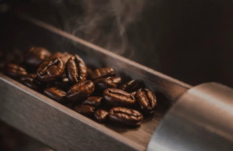 Freshly roasted coffee beans resting in a wooden scoop, still steaming.
