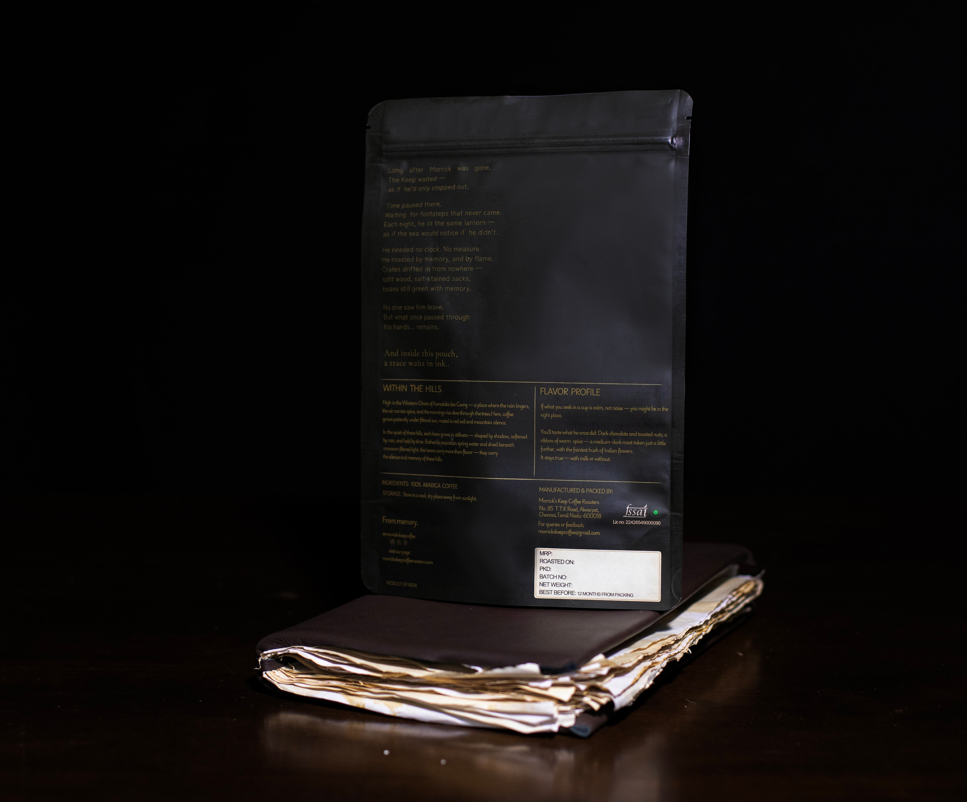 Morrick's Keep “A Mysterious Gift” coffee pouch — back, with the Keep's story, flavour profile, and origin details.